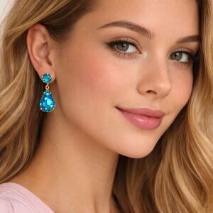 KATE SPADE NEW YORK BLUE CONFETTI TEARDROP RHINESTONE GLITTER EARRINGS 1” DROP